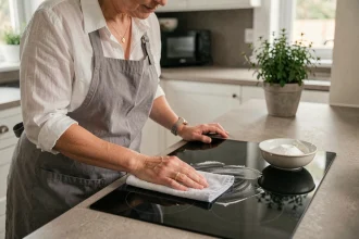 Femme nettoyant une plaque vitrocéramique noire avec du bicarbonate de soude et un chiffon microfibre dans une cuisine moderne