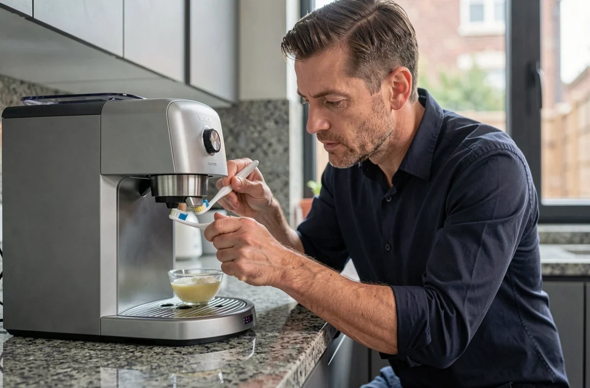 Homme nettoyant délicatement la tête de perçage d'une machine Tassimo Bosch avec une brosse souple lors d'un détartrage sans pastille