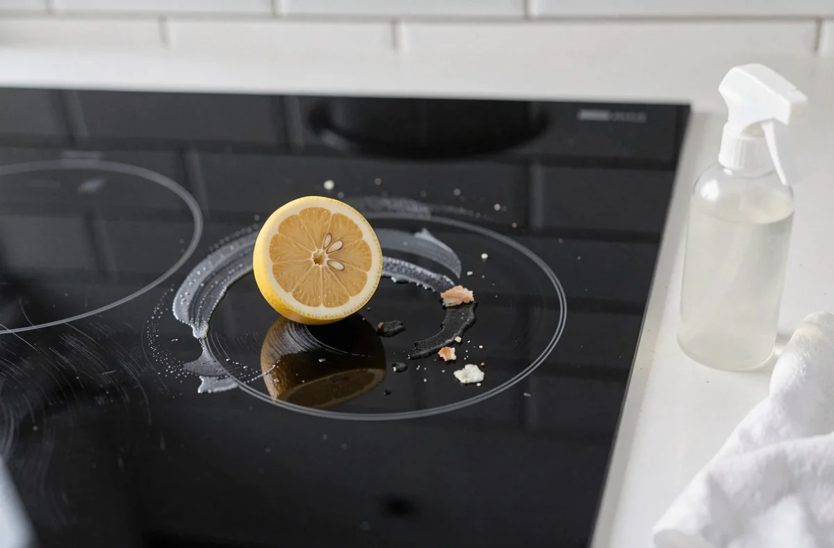 Gros plan d'une plaque vitrocéramique en cours de nettoyage avec du citron et du vinaigre blanc posés sur la surface