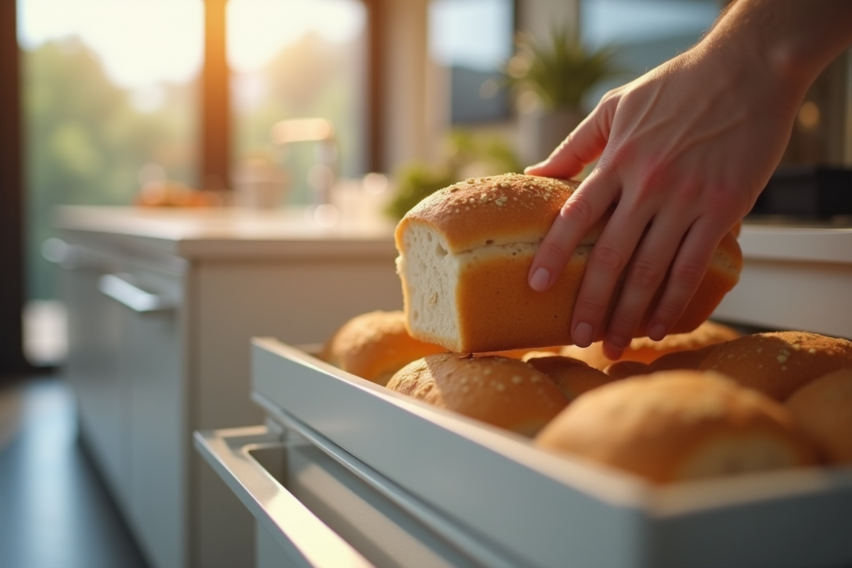 Main plaçant une miche de pain dans un tiroir de congélateur moderne