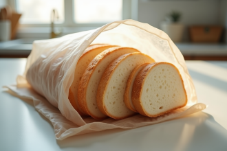 Pain rustique tranché dans un sac de congélation sur un plan de travail lumineux