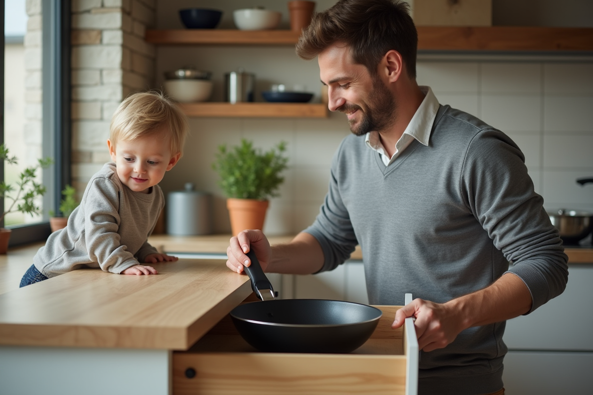 Jeune père en cuisine avec son enfant regardant la poêle