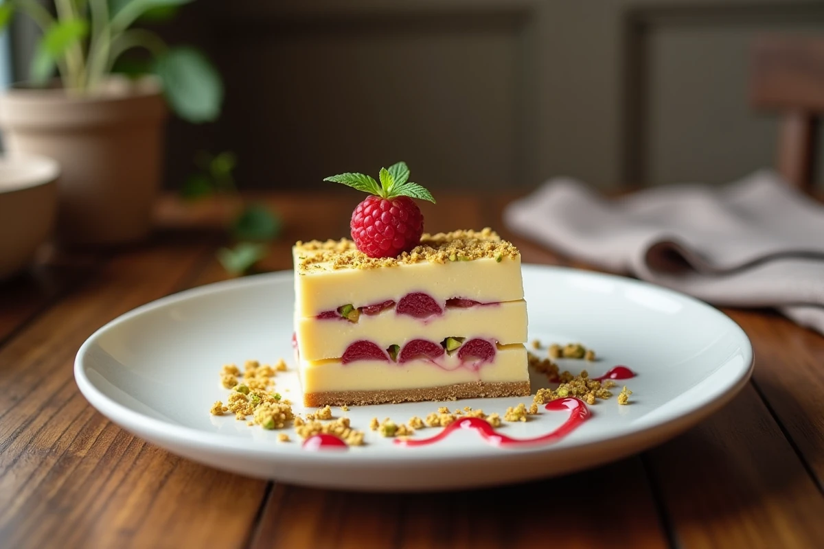 Parfait glacé en coupe révélant des couches de pâte à bombe avec coulis de framboise et pistaches sur table en bois