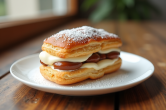 Un ParisBrest sur une assiette en céramique blanche