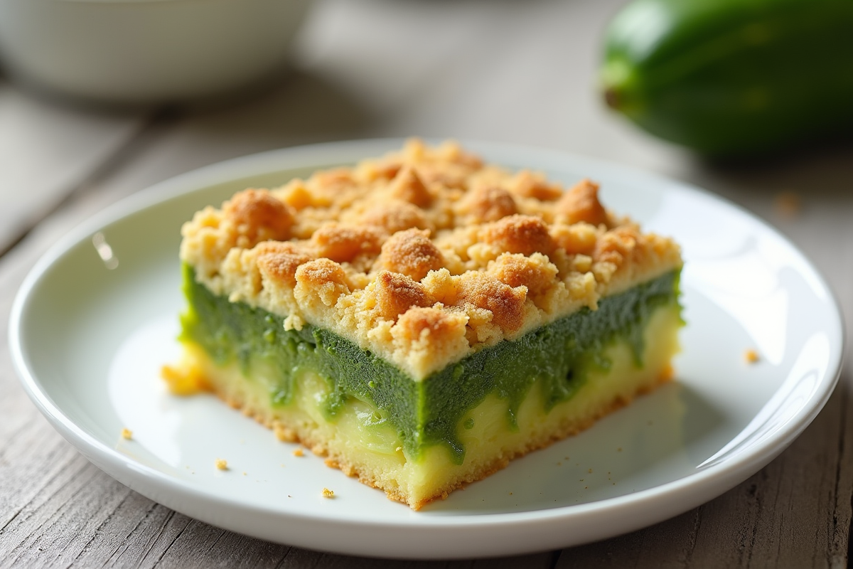 Part de crumble de courgette sur une assiette blanche