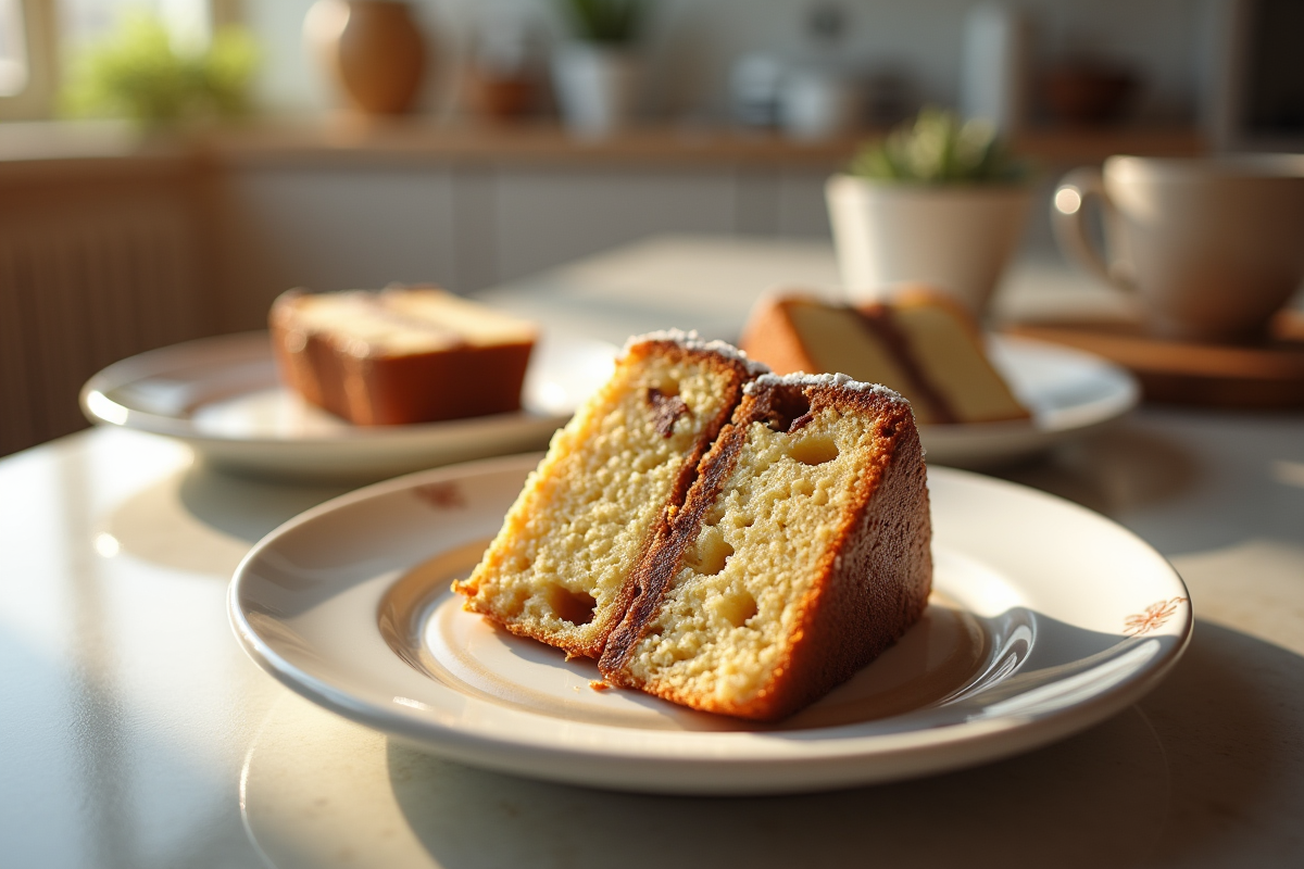 Partage de gâteau au café sur assiettes en céramique dans une cuisine lumineuse