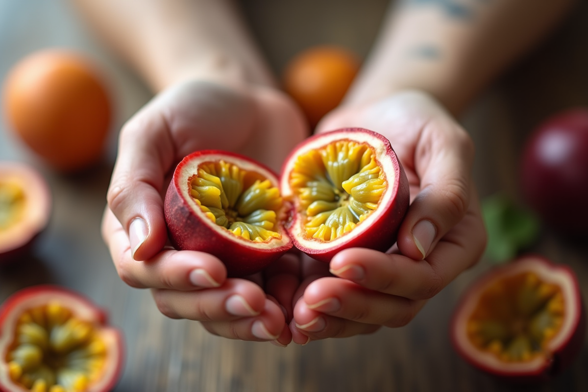 Main tenant un fruit de passion ouvert avec graines