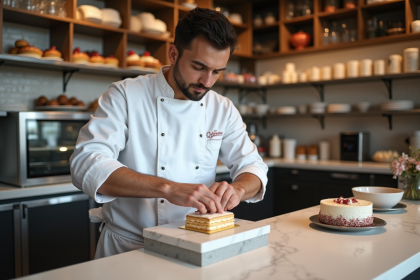 Chef pâtissier en action décorant un gâteau élaboré