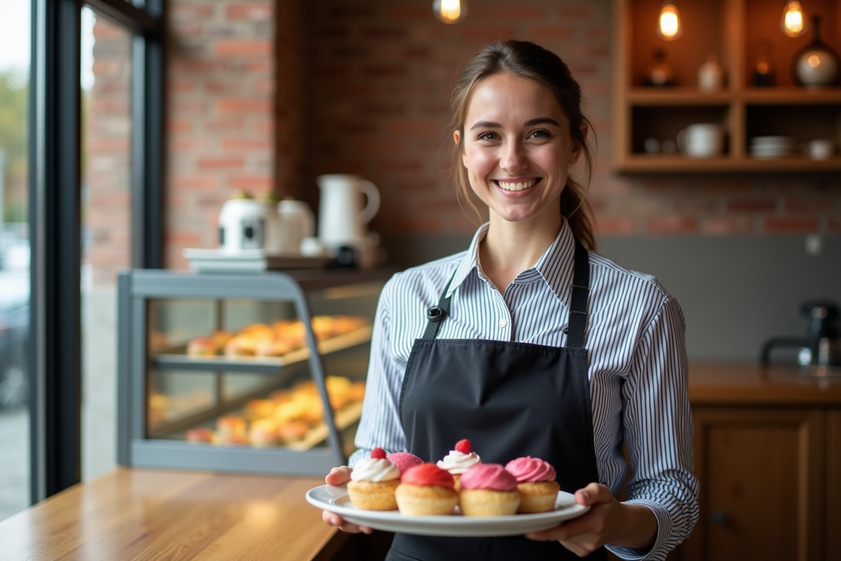 Femme pâtissière souriante tenant des pâtisseries colorées