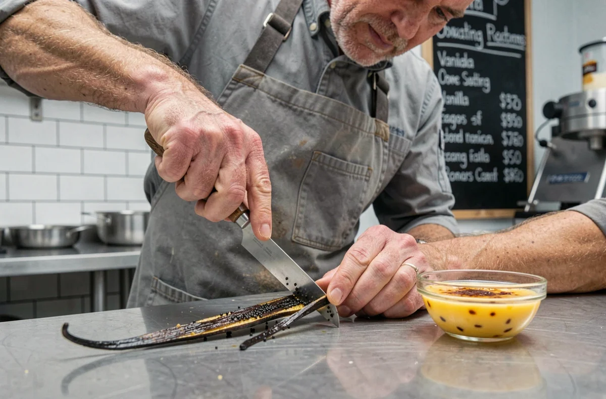 Pâtissier fendant une gousse de vanille grasse avec un couteau dans un laboratoire de pâtisserie professionnelle