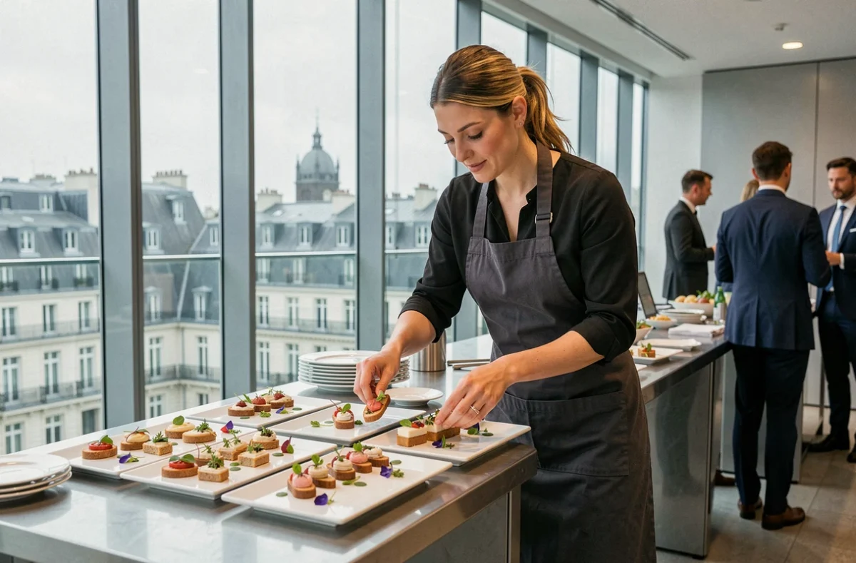 Chef traiteur événementiel Paturel Gastronomie dressant des canapés raffinés lors d'un événement professionnel à Lyon