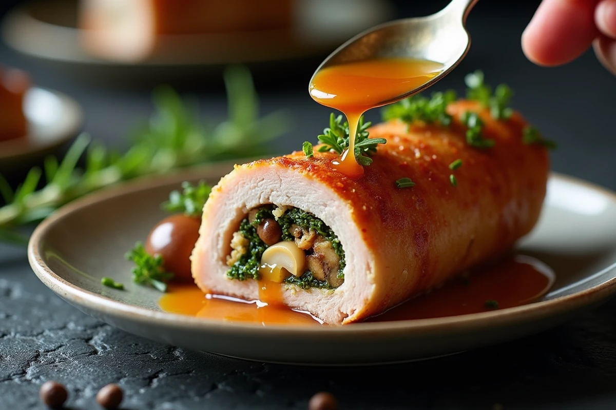 Tranche de paupiette de porc farcie aux herbes et champignons avec sauce versée, vue en gros plan sur assiette