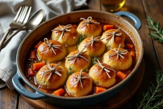 Paupiettes de porc dorées au four dans un plat en céramique rustique avec carottes et oignons, sur une table en chêne