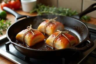 Paupiettes de porc dorées en train de cuire dans une poêle en fonte sur une cuisinière domestique