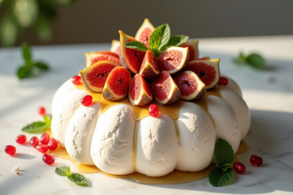 Pavlova décorée de figues fraîches et graines de grenade
