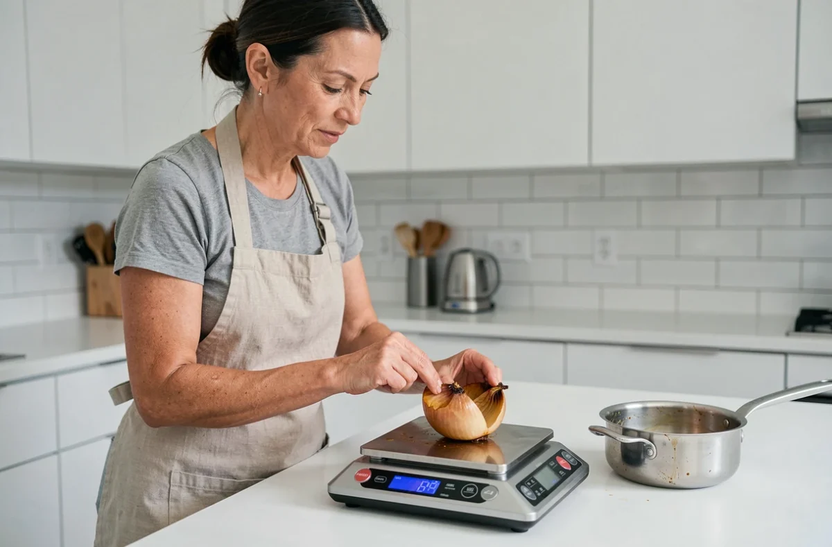 Femme en tablier de lin pesant un oignon cuit caramélisé sur une balance numérique dans une cuisine moderne