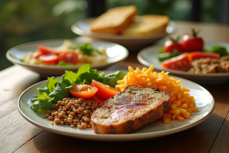 Repas sains sur une table en bois avec légumes et protéines