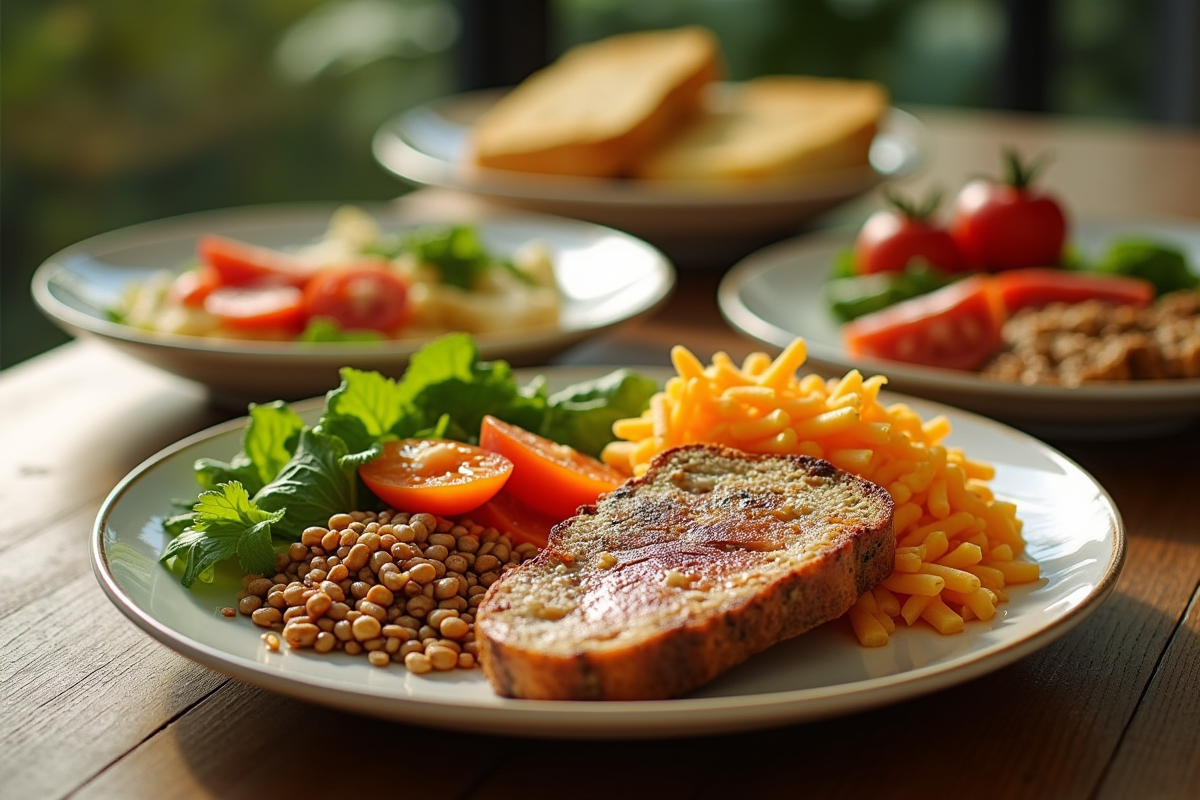 Repas sains sur une table en bois avec légumes et protéines