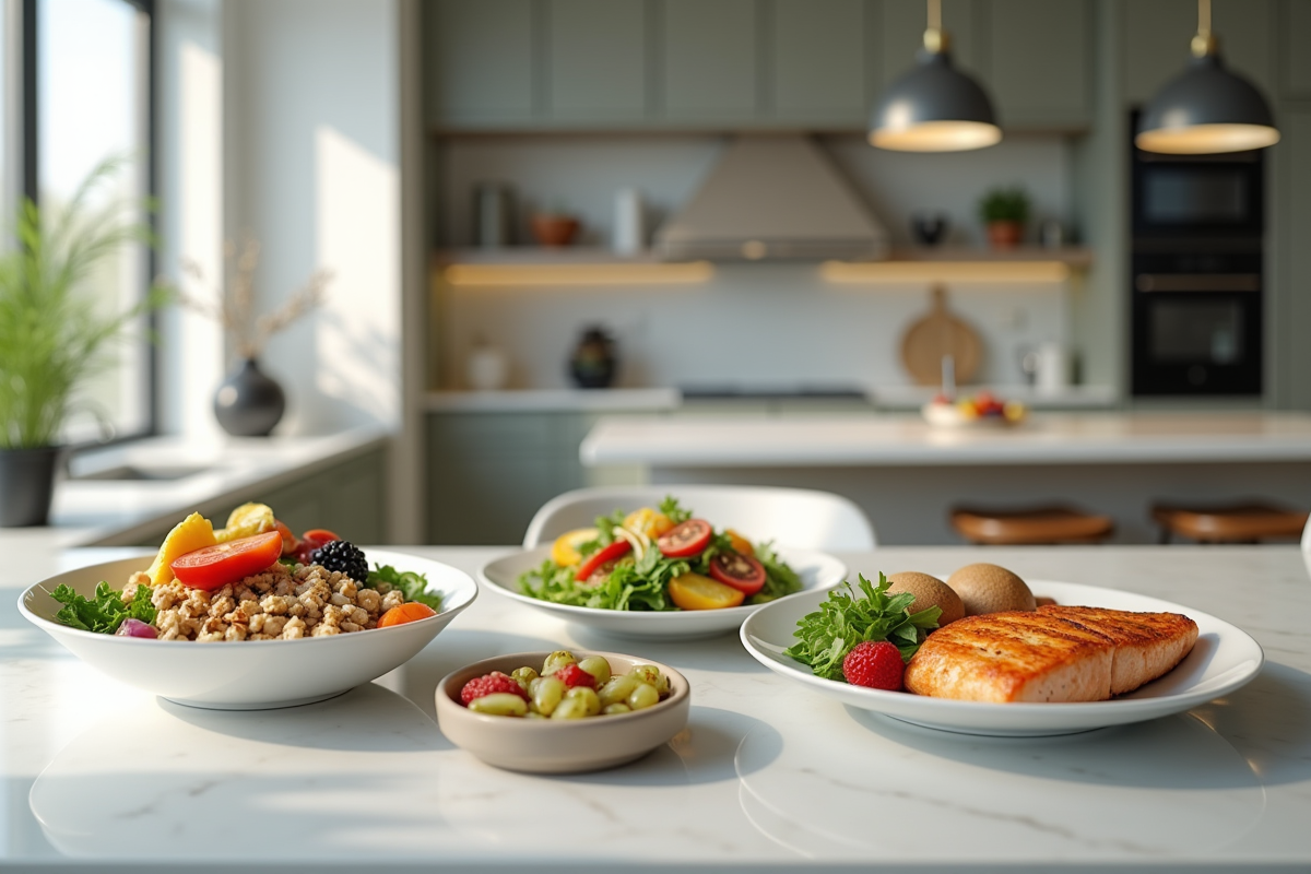 Repas équilibrés dans une cuisine moderne avec plats colorés