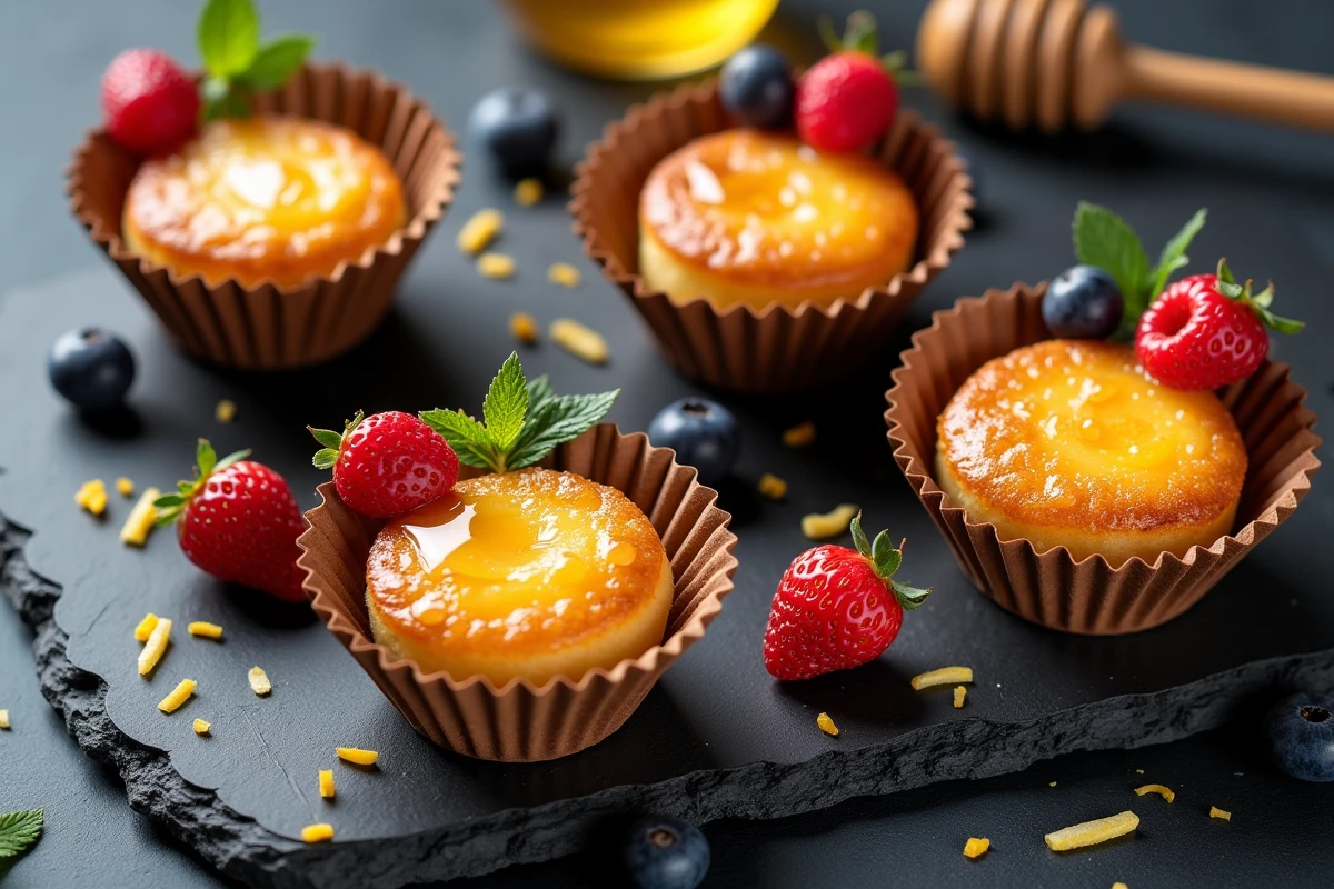 Petits gâteaux aux œufs allégés en sucre avec fruits rouges et miel présentés sur une ardoise en vue de dessus