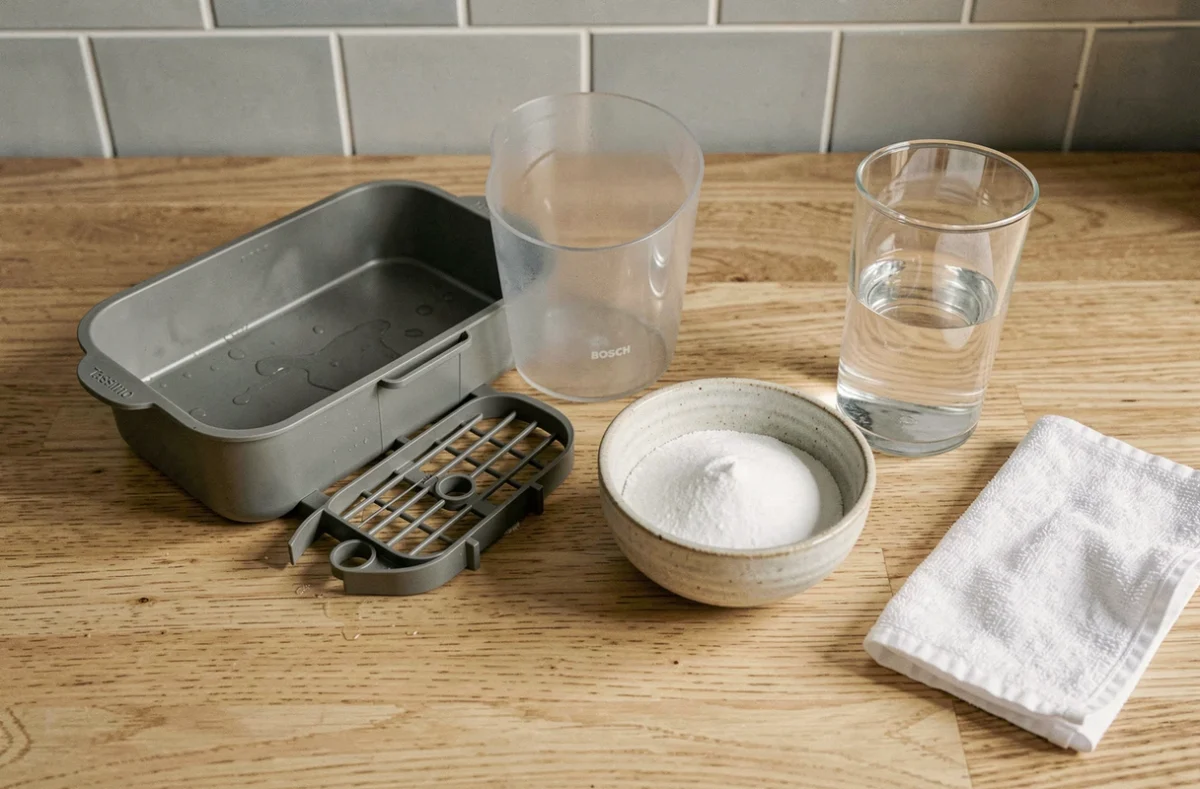 Vue rapprochée des pièces démontées d'une Tassimo Bosch posées à côté d'ingrédients naturels pour le détartrage sans pastille