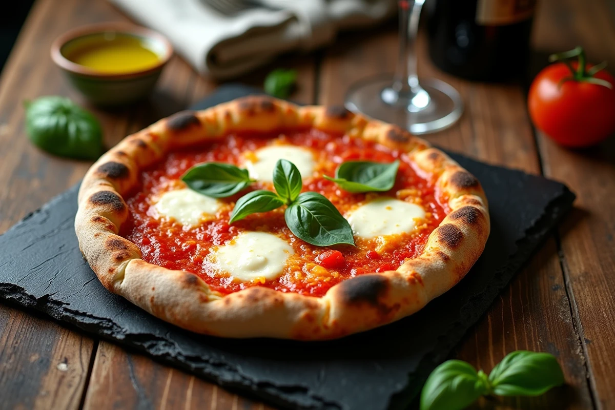 Pizza margherita artisanale sortie du four à bois avec mozzarella fondante et basilic frais
