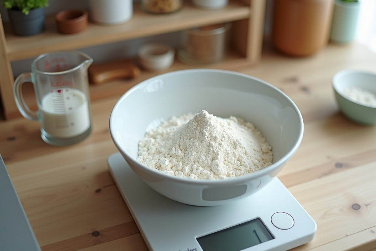 Plan de travail cuisine avec un bol de farine et balance électronique