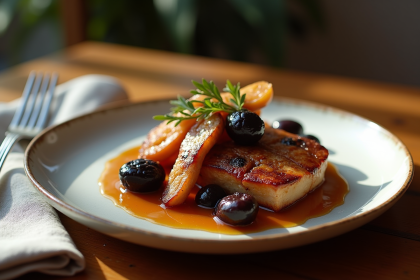 Assiette de lapin aux pruneaux élégamment présentée sur une table en bois
