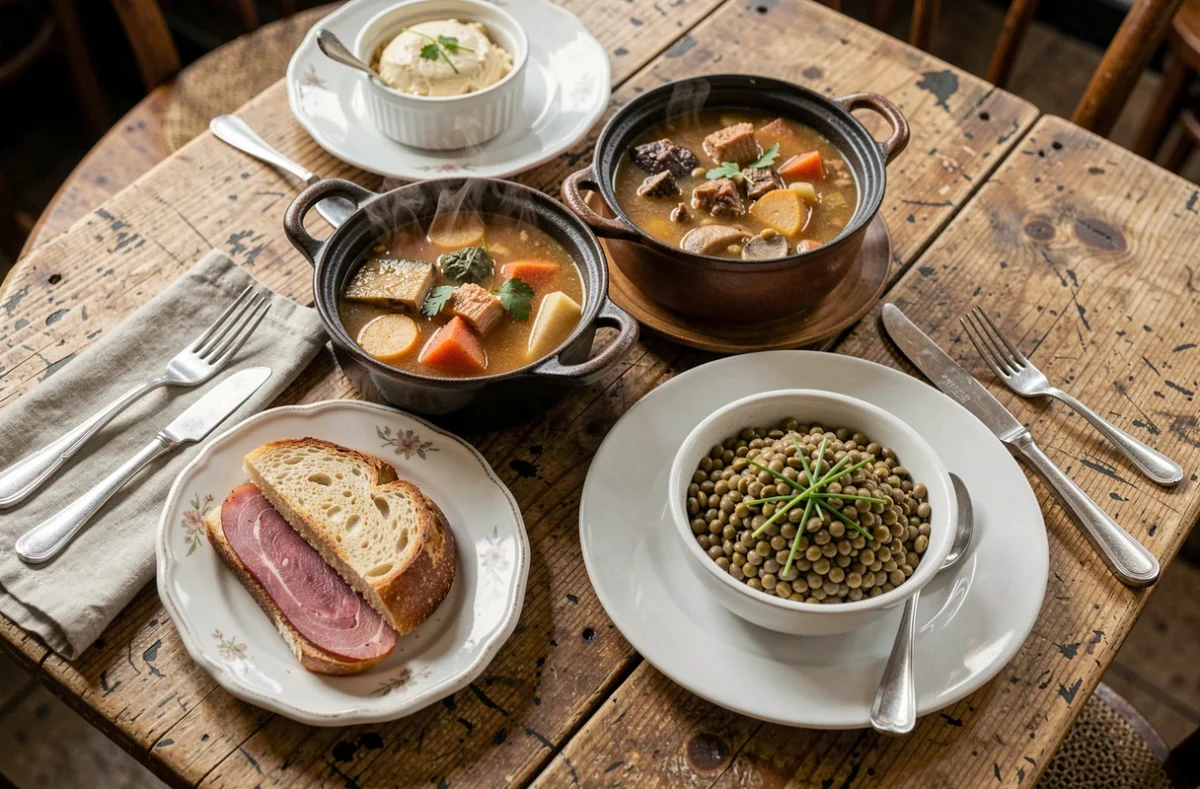 Vue en plongée de plats traditionnels lyonnais dans un bouchon, incluant saucisson brioché, cervelle de canut et pot-au-feu sur table en bois usé