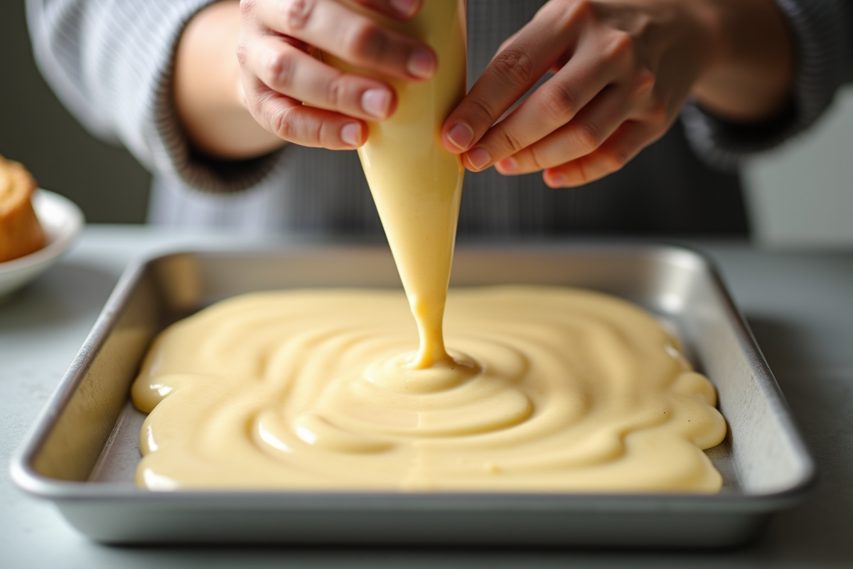 Mains déposant délicatement la pâte à ladyfinger à la poche à douille