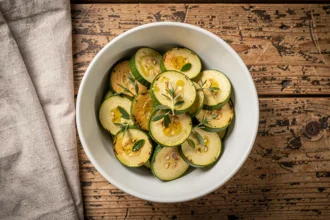 Poêlée de courgettes légères servie dans un bol en céramique blanche sur une table en bois rustique, vue de dessus