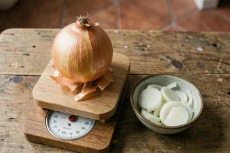 Balance en bois avec un oignon jaune cru entier et des morceaux d'oignon pelé en comparaison sur un comptoir en chêne rustique