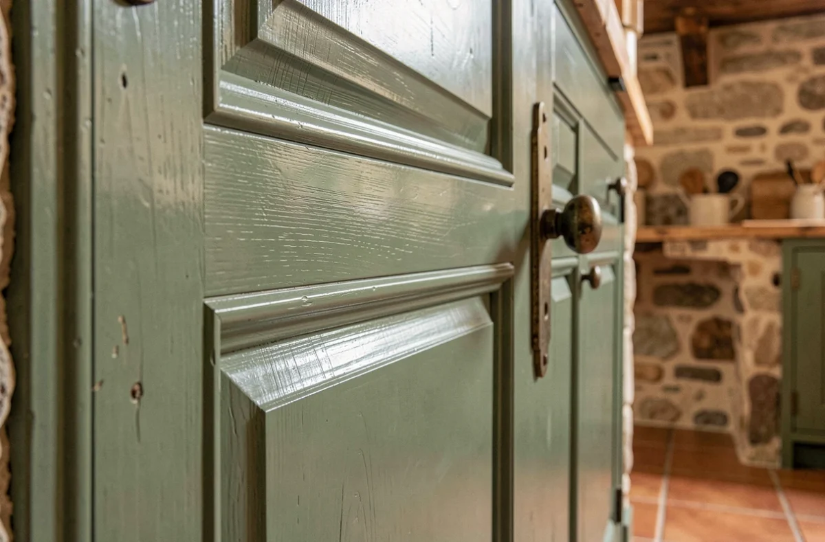 Détail d'une porte de cuisine en bois vert sauge avec rainures et moulures en relief, poignée en laiton vieilli dans une cuisine rustique en pierre