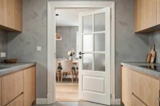 Porte de cuisine en bois blanc avec panneau vitré givré et moulures, dans un appartement moderne aux tons gris et chêne clair