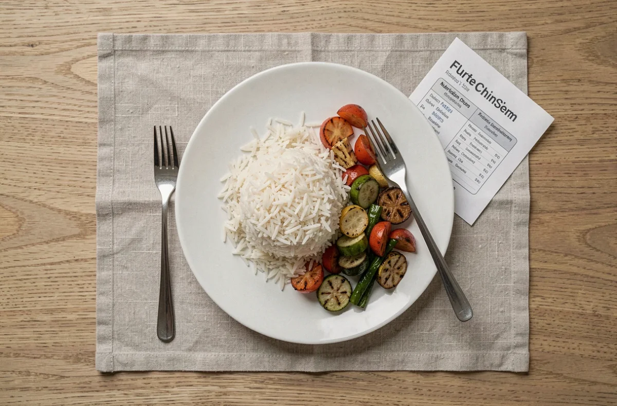 Assiette vue du dessus avec une portion de riz basmati cuit, légumes grillés et guide nutritionnel sur une table en bois scandinave