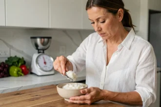 Nutritionniste mesurant une portion de riz cuit dans un bol en céramique sur un comptoir en bois, cuisine moderne en arrière-plan