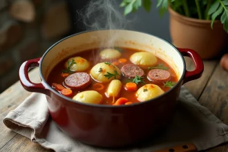Potée française mijotée dans une cocotte en fonte émaillée avec saucisses fumées, chou, carottes et pommes de terre dans un bouillon ambré