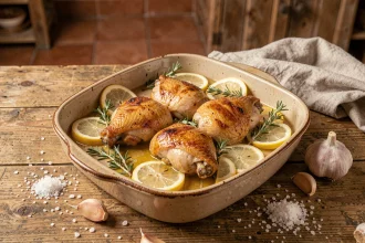 Poulet rôti au citron dans un plat en céramique rustique avec thym frais et ail, vue de dessus