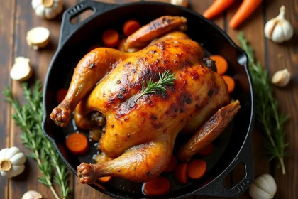 Poulet rôti entier dans une cocotte en fonte avec ail, thym et carottes sur une table en bois rustique, vu de dessus