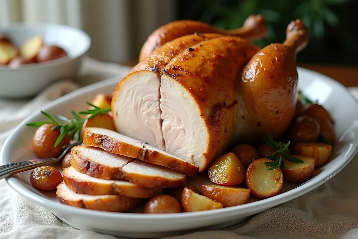 Poulet rôti découpé sur un plat en céramique blanche avec pommes de terre rôties et oignons caramélisés, présentation soignée