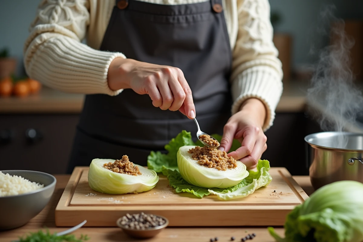 Femme préparant des choux farcis maison en farcissant des feuilles de chou avec de la viande et du riz dans une cuisine d'hiver