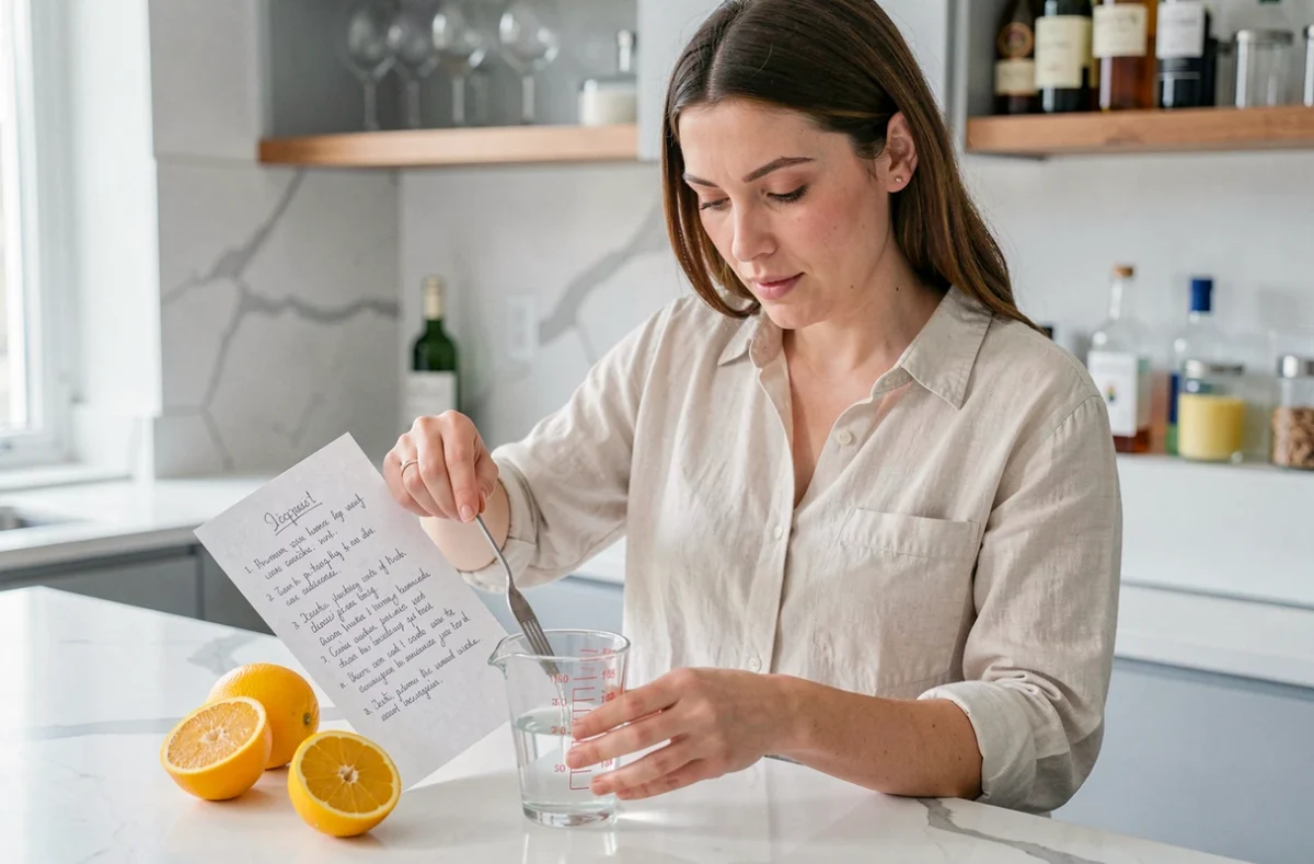 Femme mesurant 40 cl de liquide avec un verre doseur gradué pour préparer un cocktail maison selon une recette manuscrite