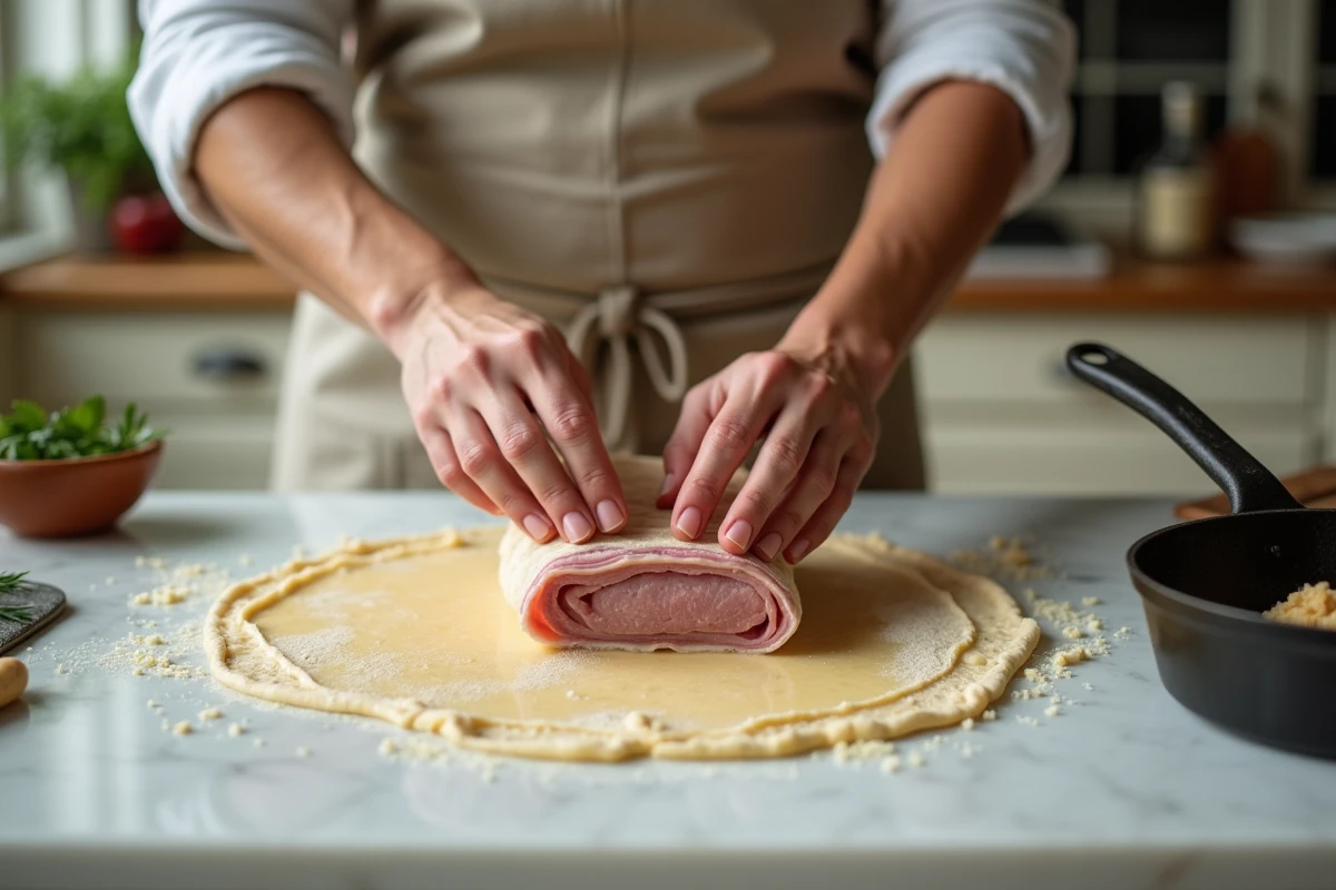 Cuisinier préparant des crépinettes de porc maison en enveloppant la farce dans de la crépine sur un plan de travail en marbre