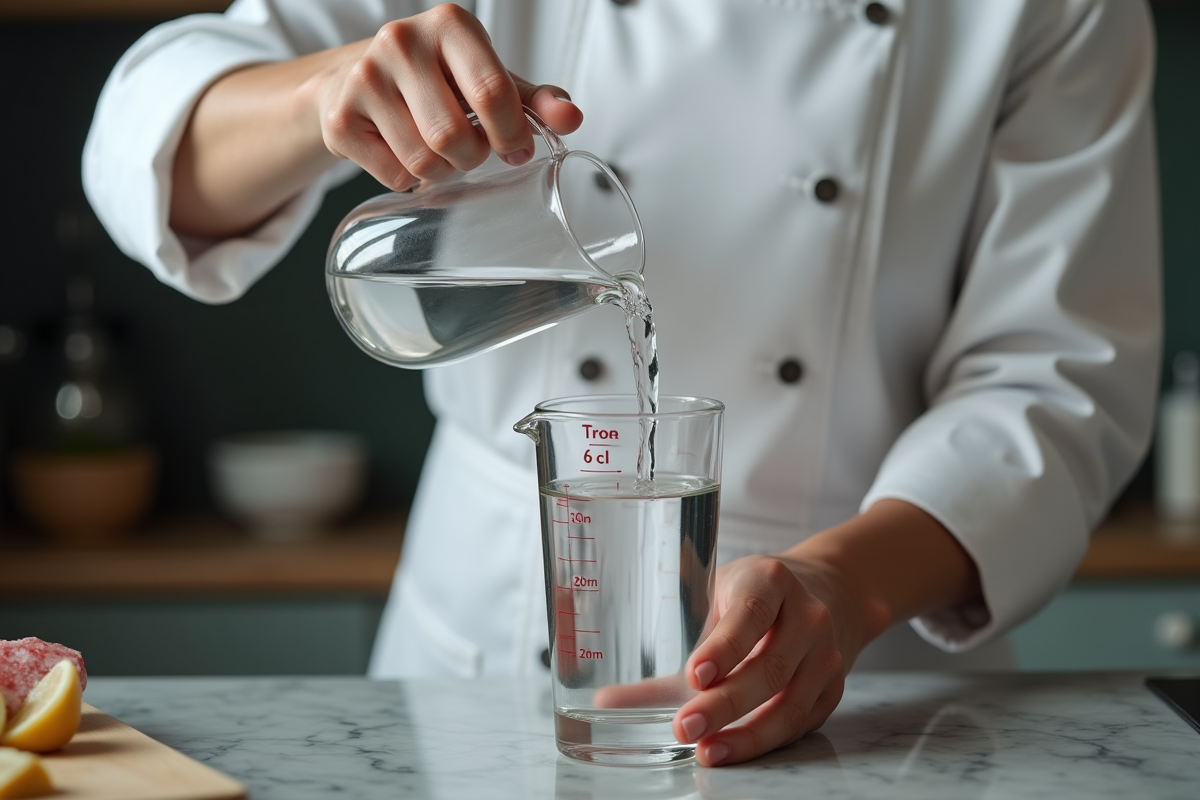 Mains d’un chef versant de l’eau dans un cylindre de mesure