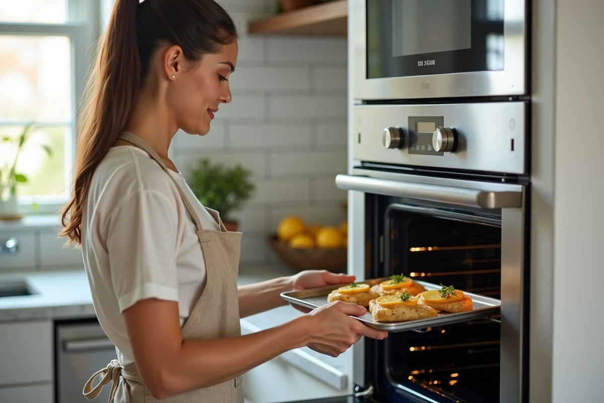 Femme préparant des escalopes de poulet marinées au citron avant de les enfourner dans une cuisine moderne