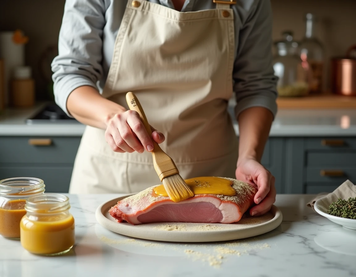 Femme badigeonnant un filet mignon cru de moutarde de Dijon avec un pinceau en cuisine maison