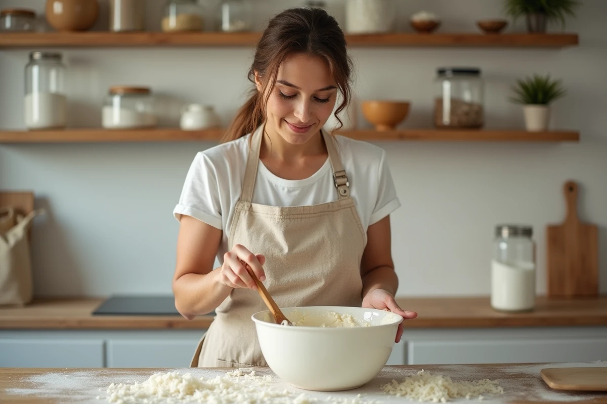 Femme préparant une pâte à gâteau à la noix de coco dans une cuisine moderne, mélangeant les ingrédients dans un grand bol en céramique