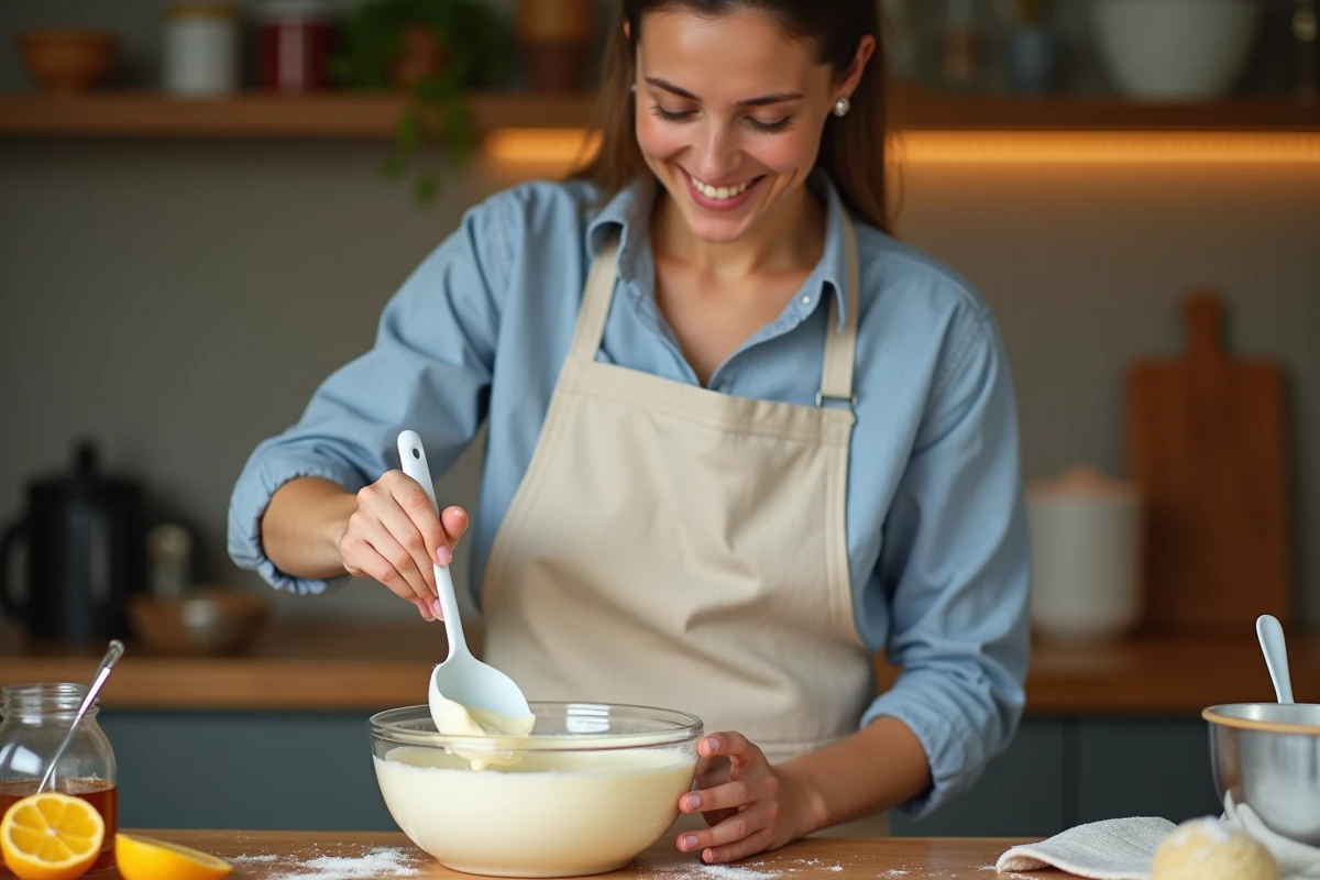 Femme préparant une pâte à gâteau allégée en sucre avec des blancs d'œufs montés dans un bol en cuisine