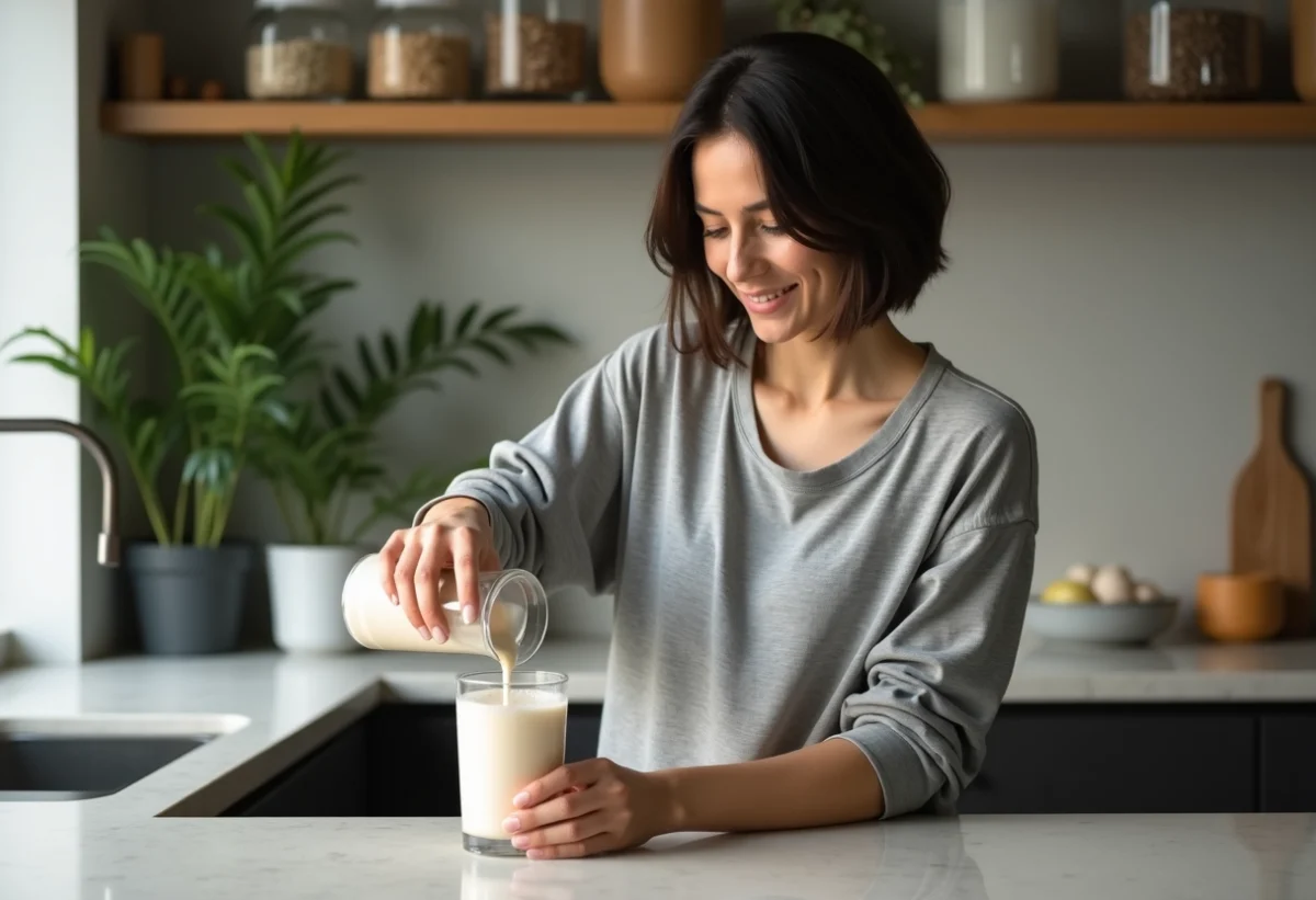Femme versant lait de noix maison dans un verre dans une cuisine minimaliste
