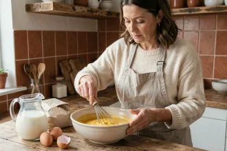 Femme préparant une pâte à crêpes maison dans un bol en céramique pour la Chandeleur